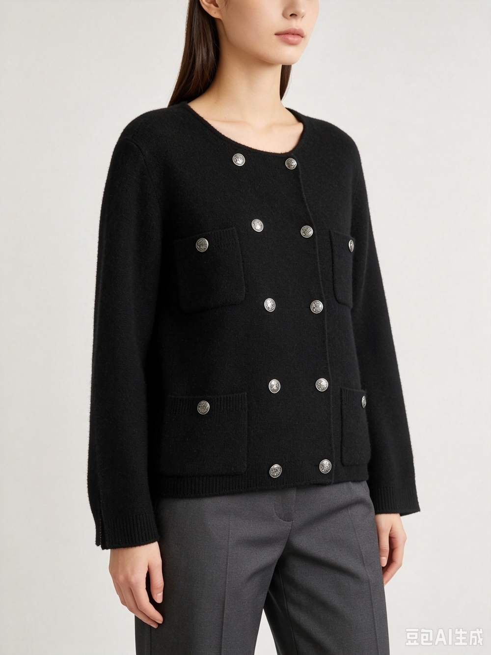 Chanel Black Double-Breasted Knit Jacket - Picture 4 of 12